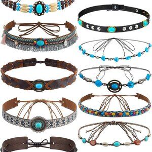 12Pcs Cowboy Hat Bands Leather Turquoise Beaded Ethnic Western Women Men